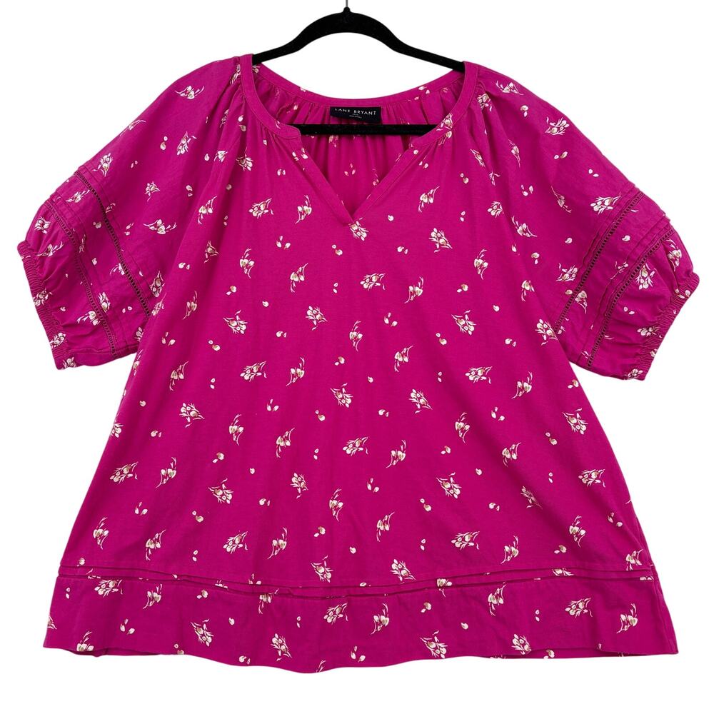 Lane Bryant Peasant Blouse Top Womens Size 14/16 Pink Floral Puff Short Sleeve